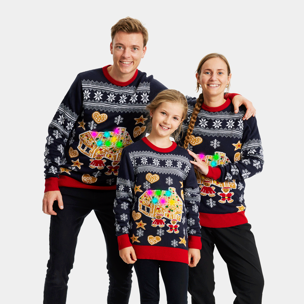 LED light-up Mens Christmas Jumper Family with Gingerbread House
