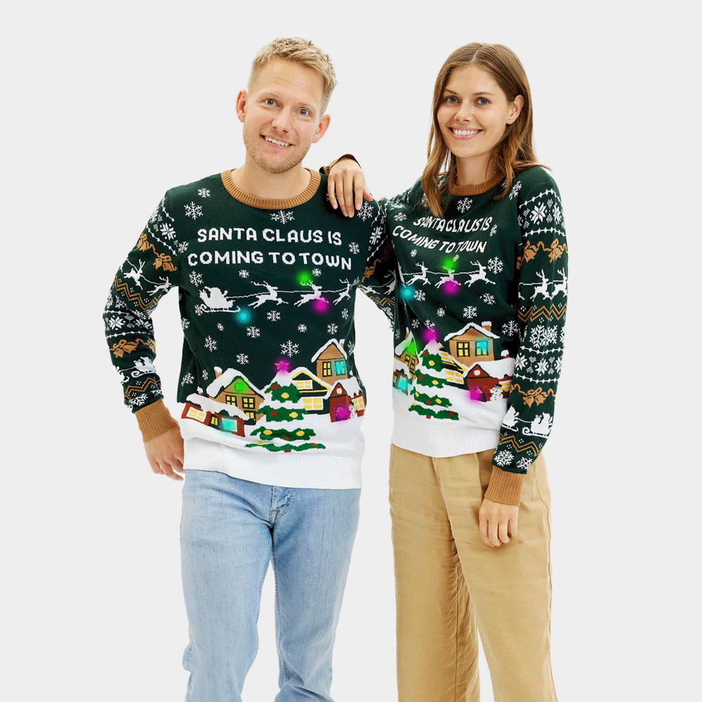 LED light-up Mens Christmas Jumper Santa is Coming to Town Women
