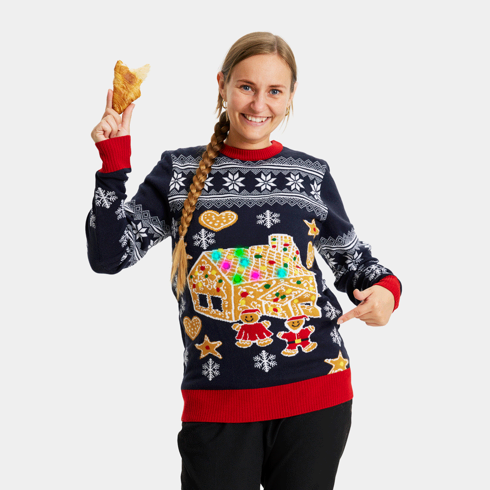 LED light-up Mens Christmas Jumper Womens Gingerbread House
