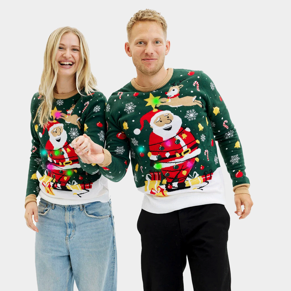 LED light-up Mens Womens Christmas Jumper Santa Claus in a mess
