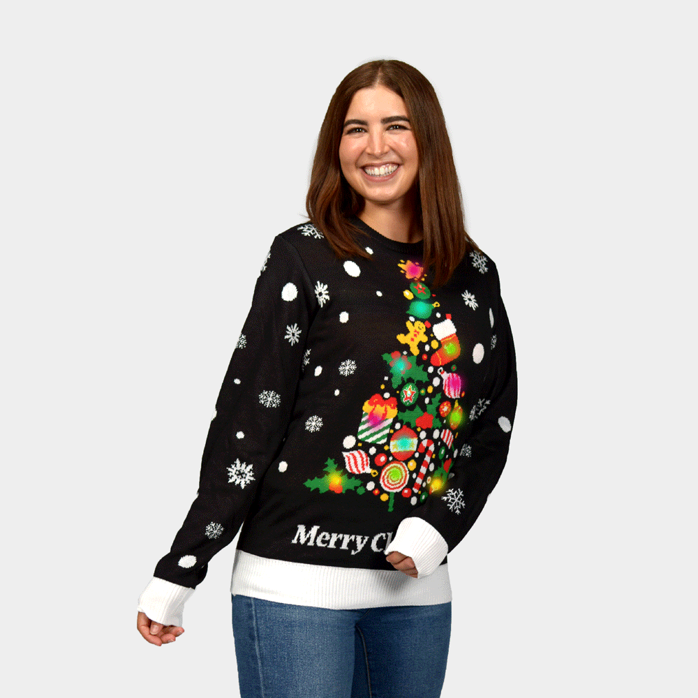Christmas Tree LED light-up Womens Black Christmas Jumper
