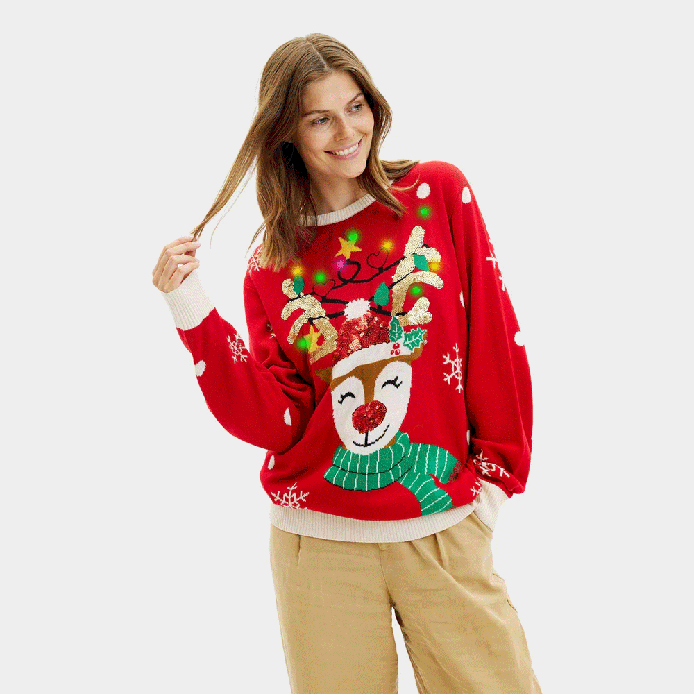 LED light-up Womens Sparkling Christmas Jumper Sequin Reindeer
