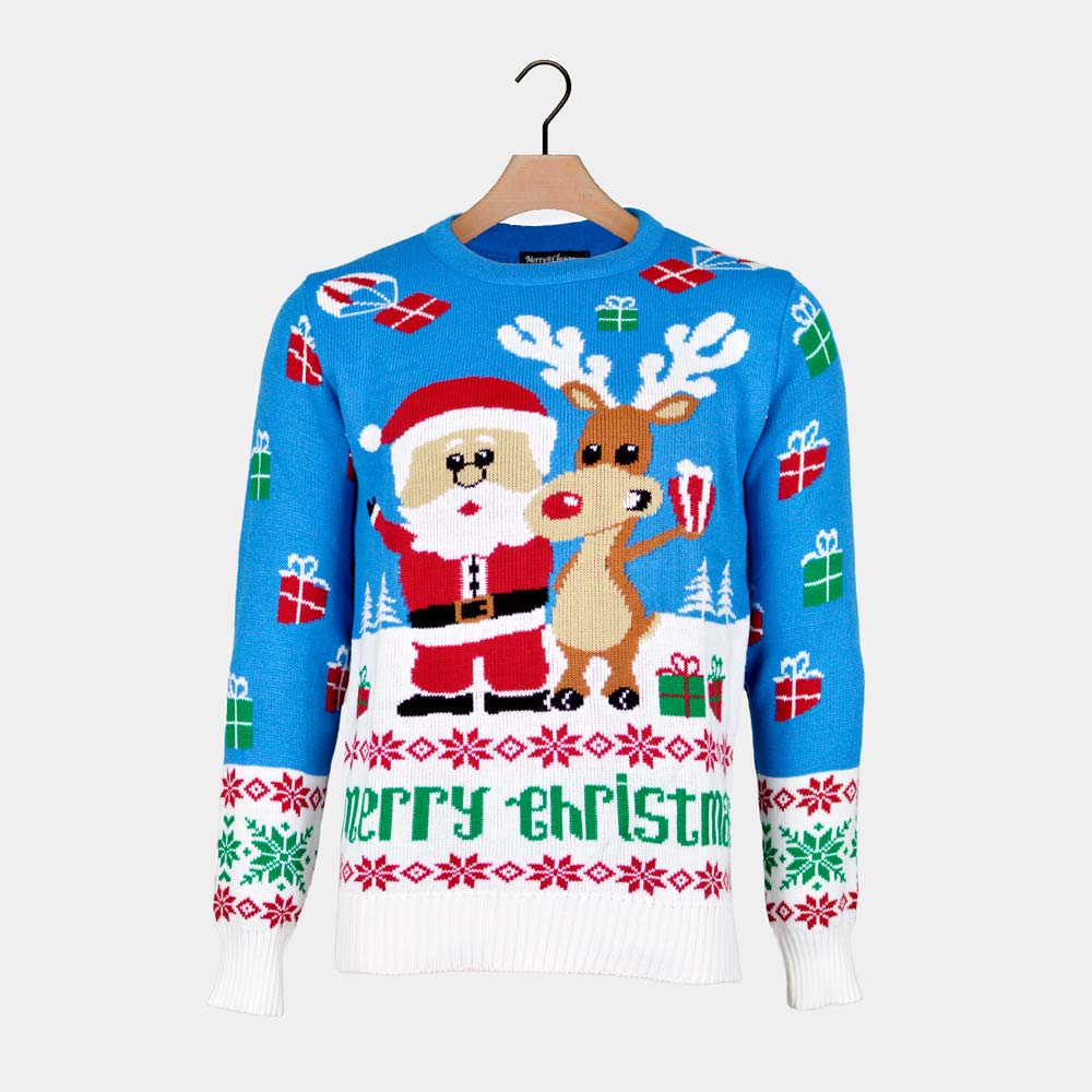 Light Blue Couple's Christmas Jumper Santa Rudolph