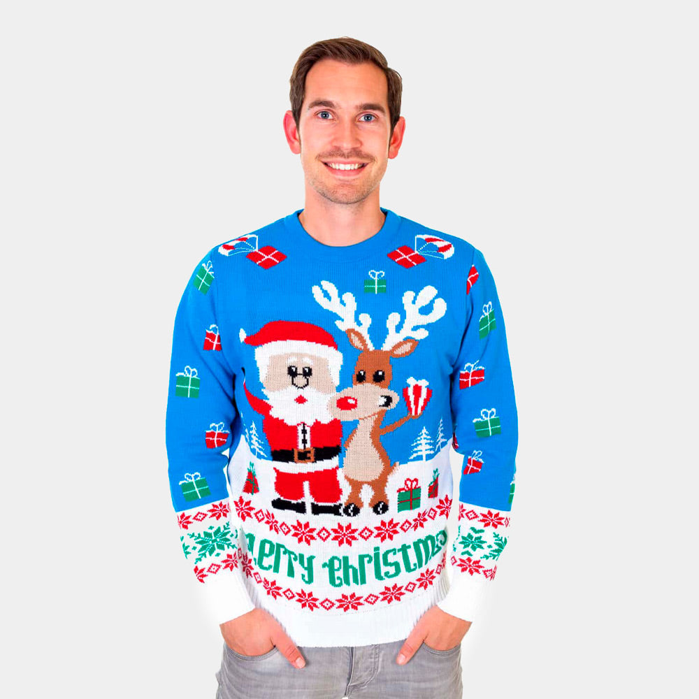 Light Blue Men's Christmas Jumper with Santa and Rudolph