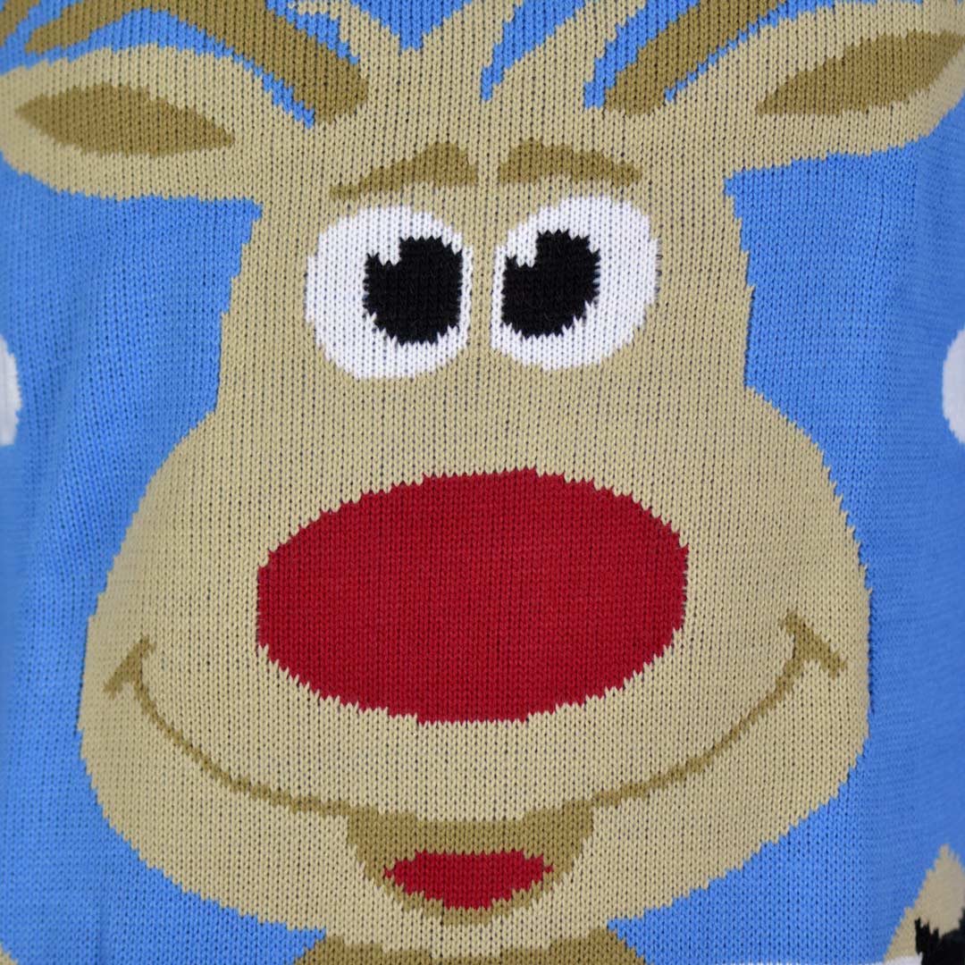 Light Blue Couple's Christmas Jumper with Reindeer and Snow detail