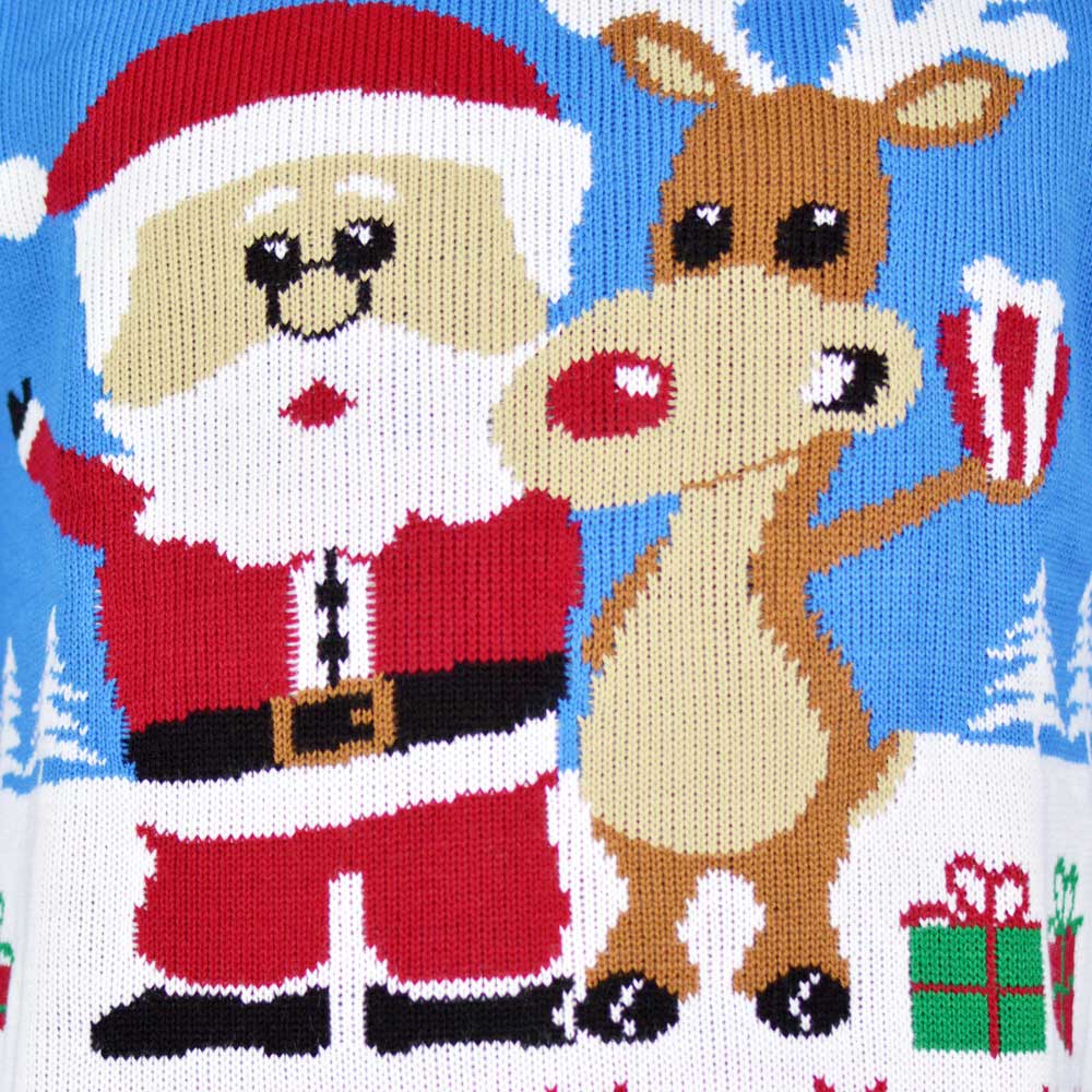 Light Blue Couple's Christmas Jumper with Santa and Rudolph detail