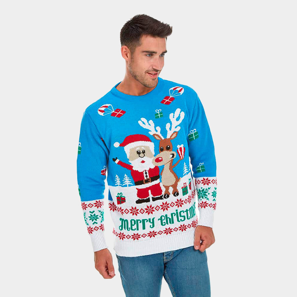 mens Light Blue Couple's Christmas Jumper with Santa and Rudolph