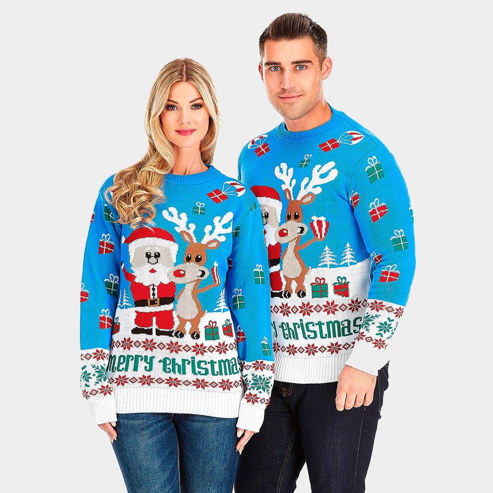 Light Blue Couple's Christmas Jumper with Santa and Rudolph