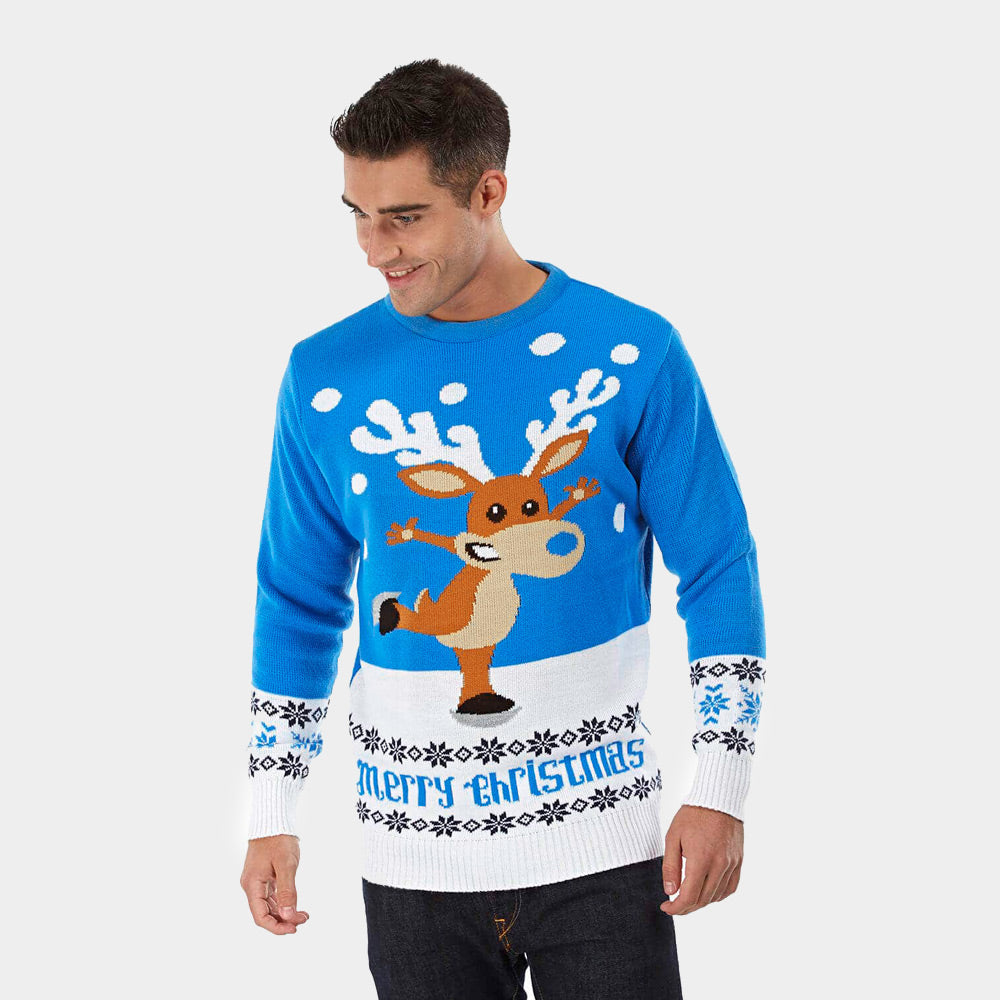 mens Light Blue Couple's Christmas Jumper with skating Reindeer