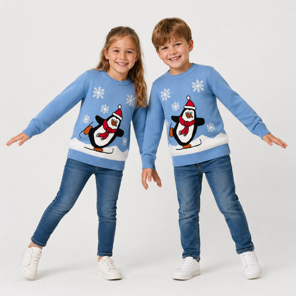 Light Blue Family Christmas Jumper with Penguin Children
