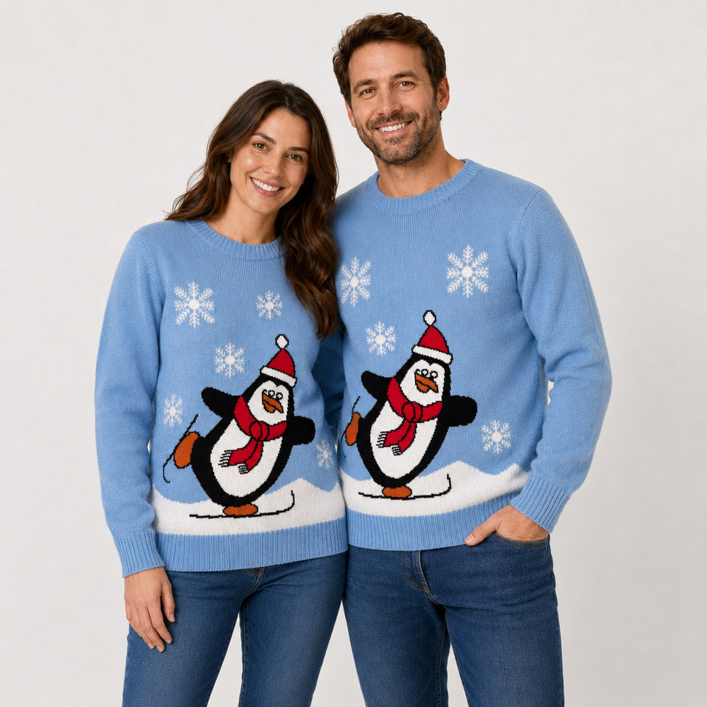 Light Blue Family Christmas Jumper with Penguin Couple
