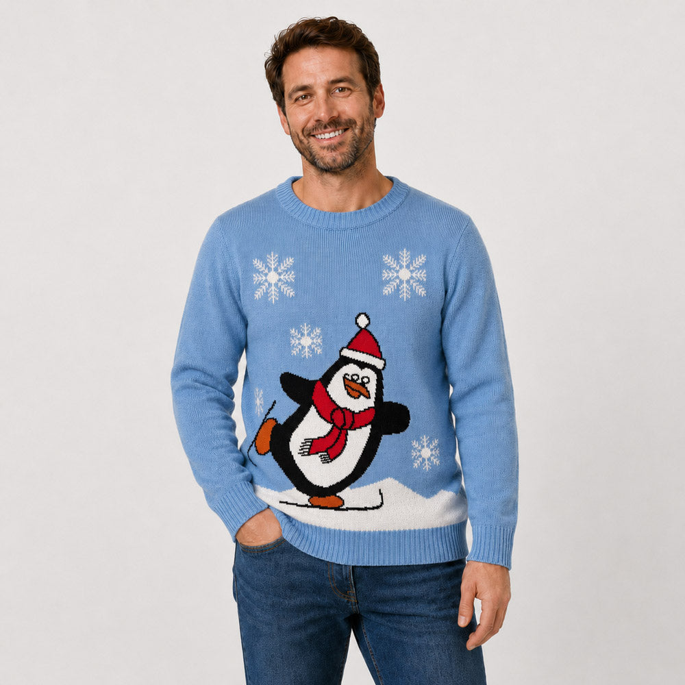 Light Blue Family Christmas Jumper with Penguin Men