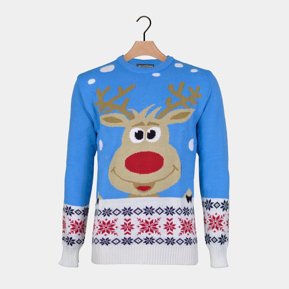 Light Blue Men's Christmas Jumper with Reindeer and Snow