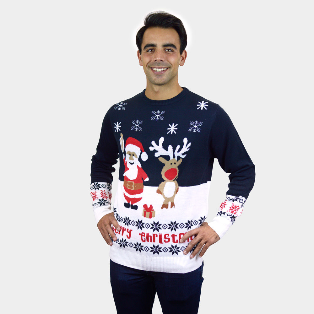 Blue Organic Cotton Mens Christmas Jumper Santa and Rudolph Christmas Jumper Shop