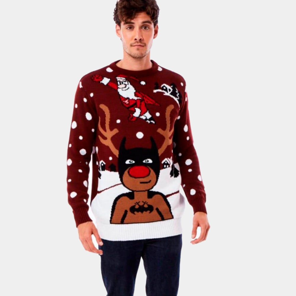 Men's Christmas Jumper with Batman Rudolph and Superman Santa