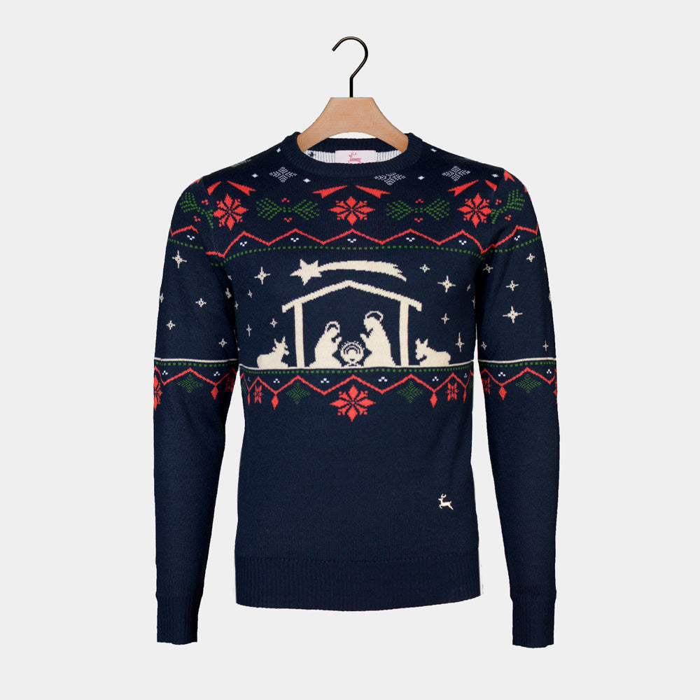 Mens Christmas Jumper Blue Nativity
