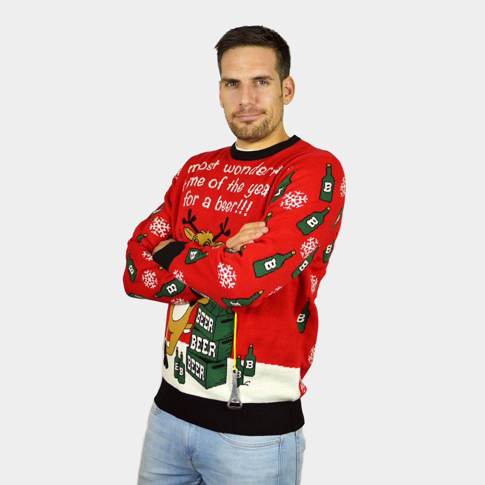 Men's Christmas Jumper with Reindeer + Beer Opener