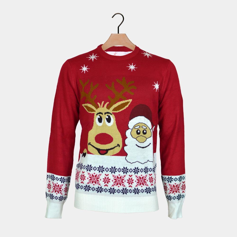 Men's Christmas Jumper with Santa and Rudolph Smiling