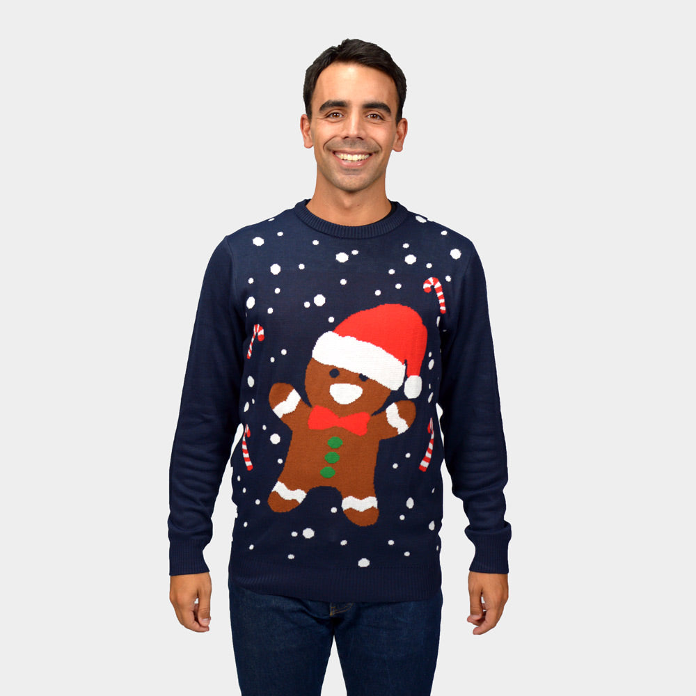 Mens Gingerbread Couple's Blue Christmas Jumper