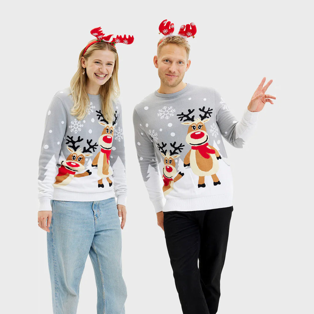 Grey Organic Cotton Womens and Mens Christmas Jumper Cute Reindeers
