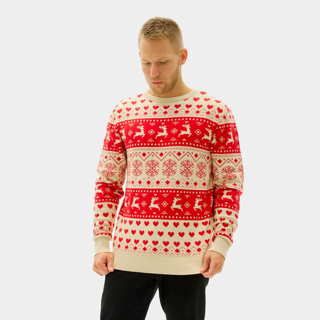 Red Mens Beige Organic Cotton Womens Christmas Jumper with Hearts
