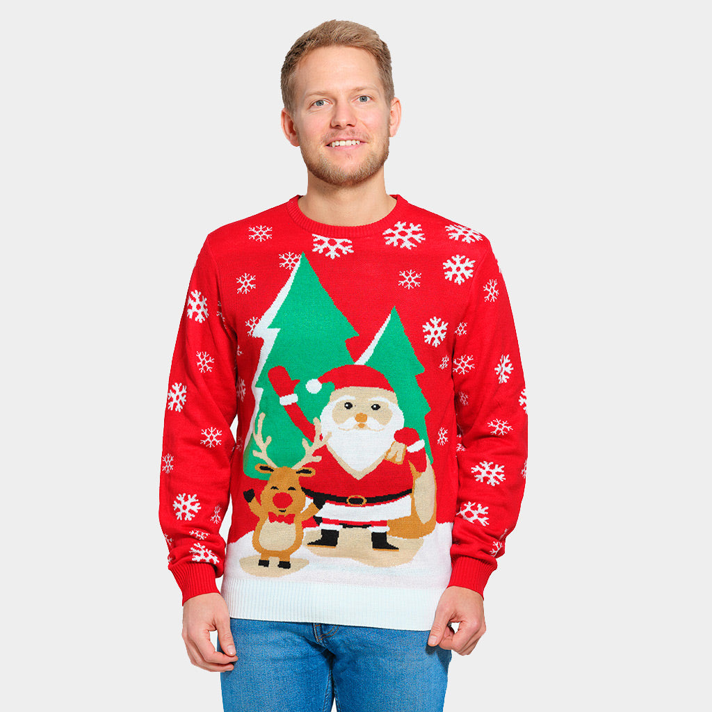Red Boys Mens Girls Christmas Jumper Santa and Reindeer Greeting
