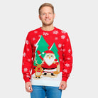 mens Red Couple's Christmas Jumper with Santa and Reindeer Greeting