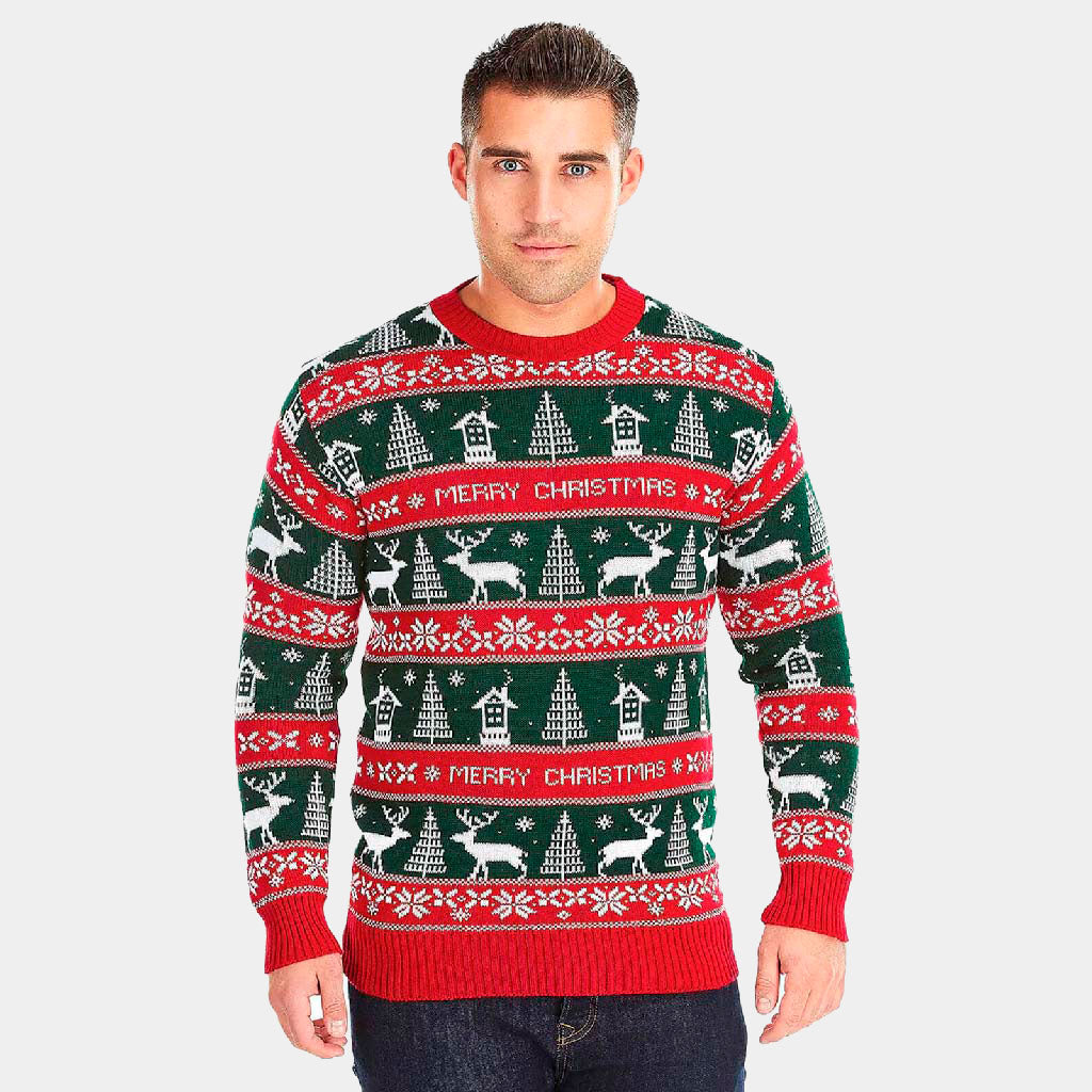 Red and Green Strips Couple's Christmas Jumper mens