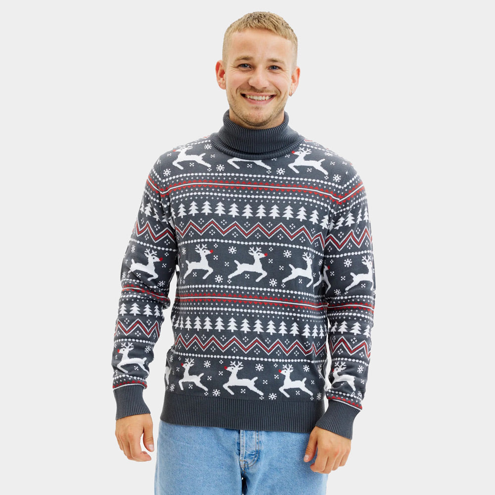 Mens Turtleneck Organic Cotton Couple's Grey Christmas Jumper with Reindeers