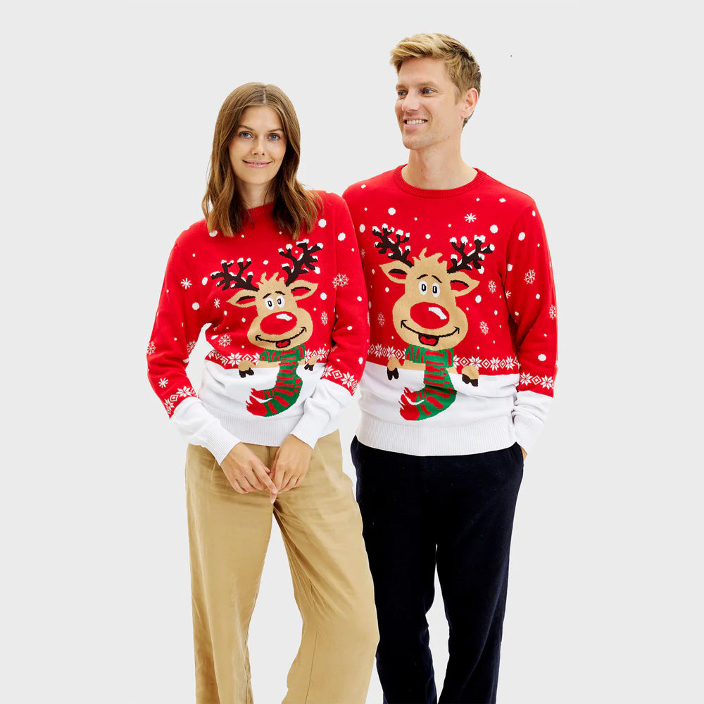 Womens and Mens Christmas Jumper with Reindeer with Scarf
