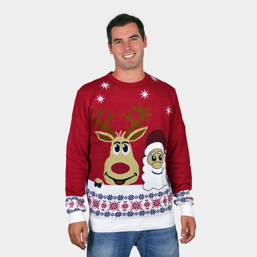 Womens Christmas Jumper Mens Santa and Rudolph Smiling
