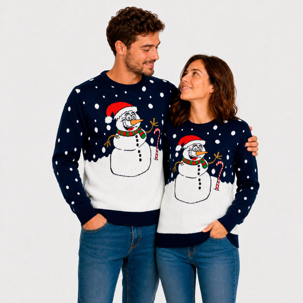 Navy Blue Christmas Jumper with Snowman Couple
