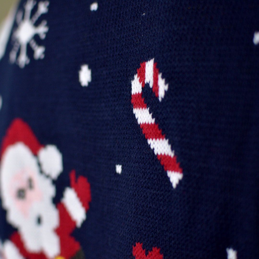 detail Navy Blue Couple's Christmas Jumper with Santa and Snowmens