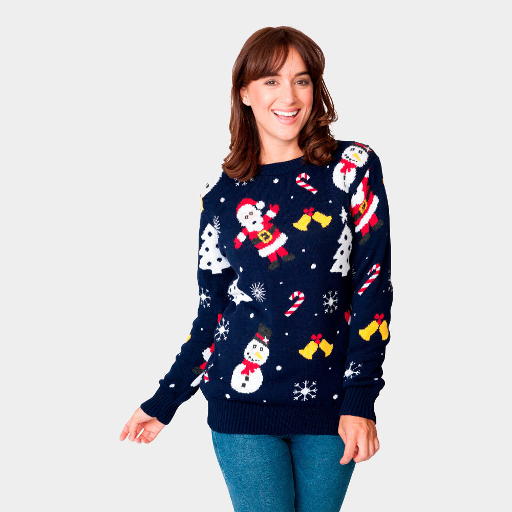 womens Navy Blue Couple's Christmas Jumper with Santa and Snowmens