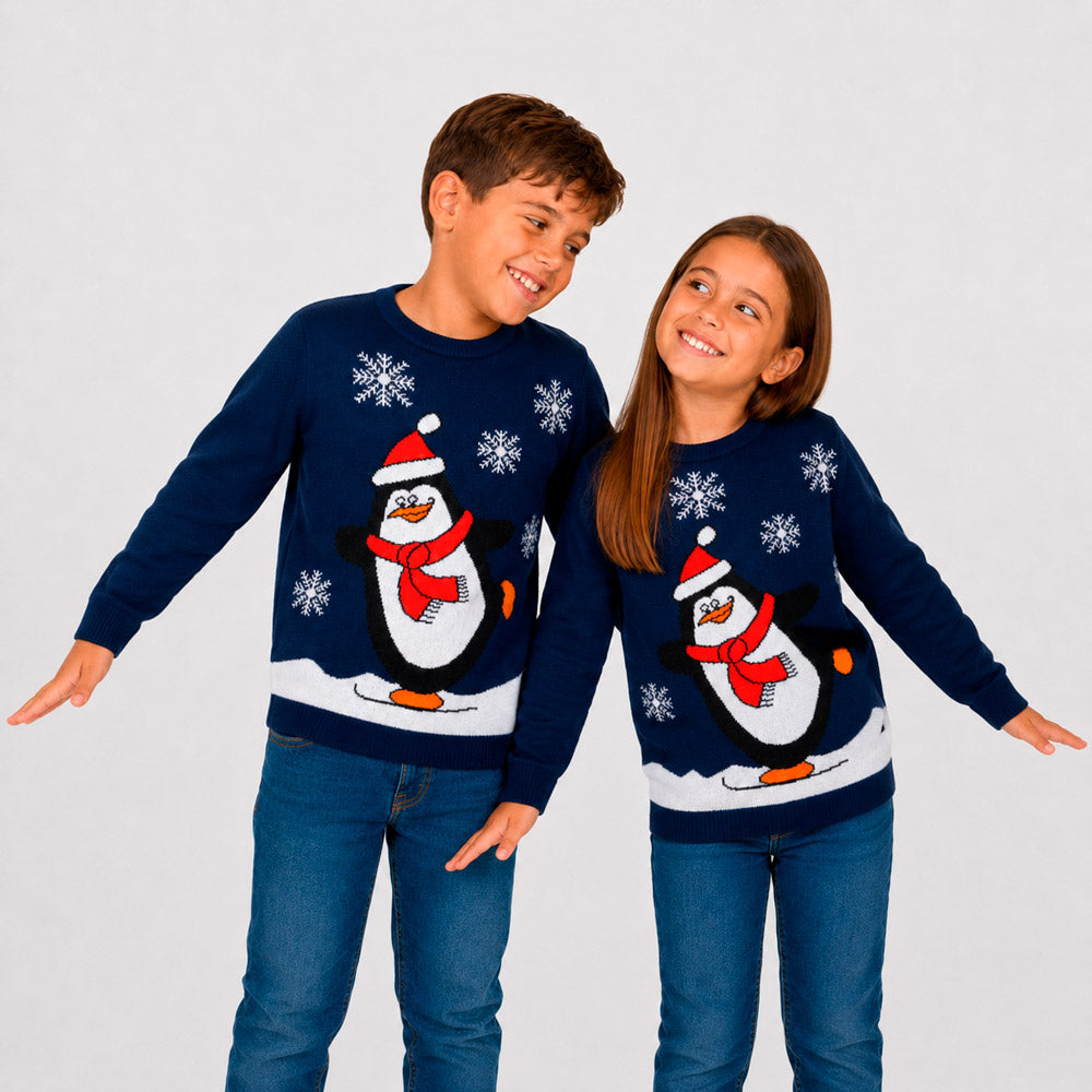 Navy Blue Family Christmas Jumper with Penguin Children