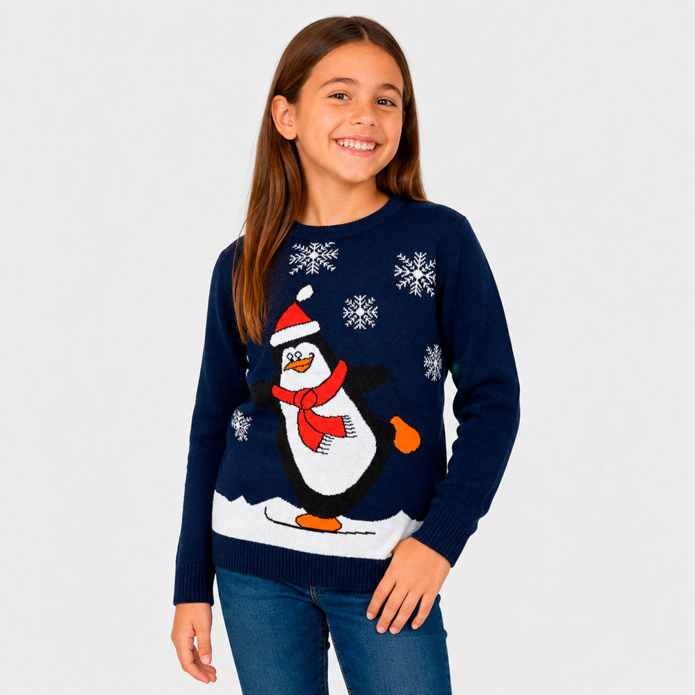 Navy Blue Family Christmas Jumper with Penguin Girl
