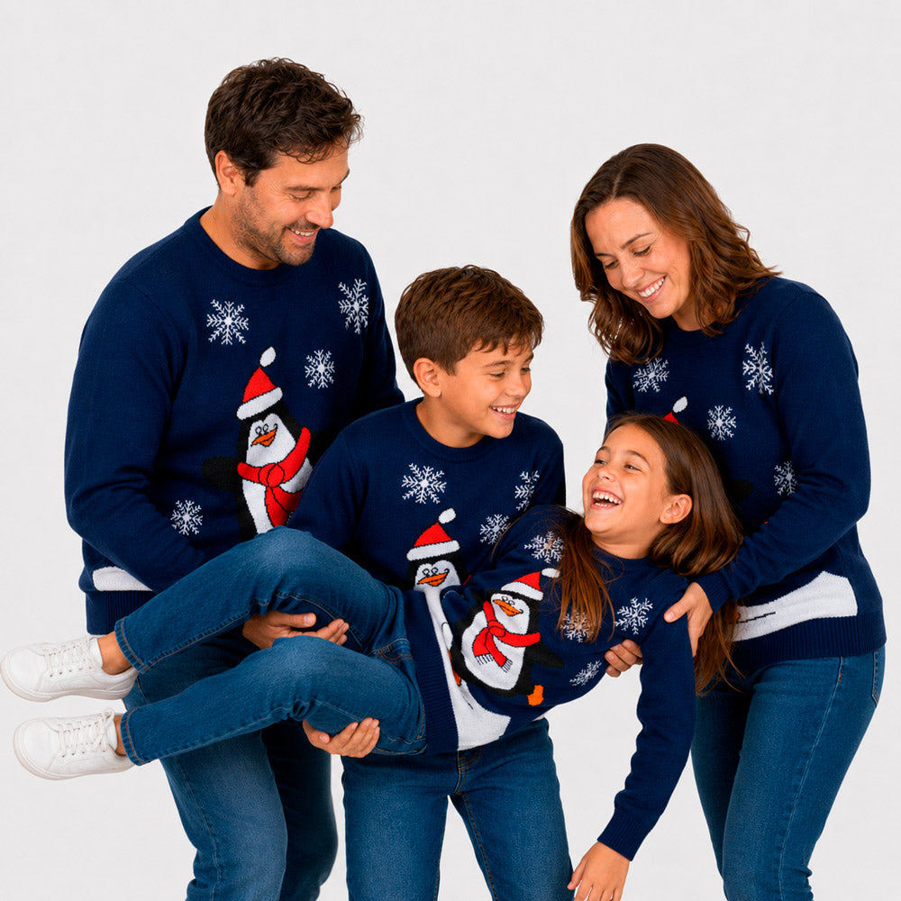 Navy Blue Family Christmas Jumper with Penguin

