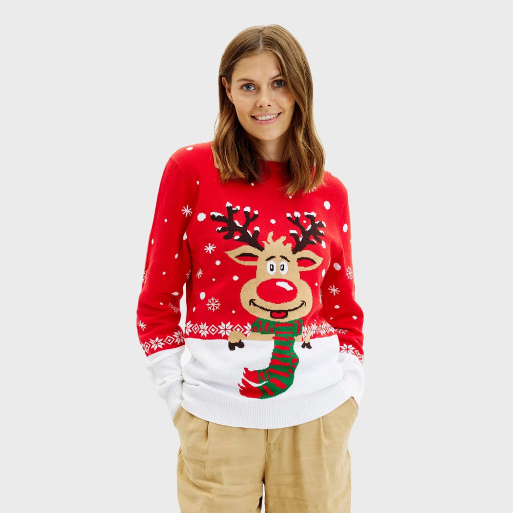 Organic Cotton Couple's Christmas Jumper Reindeer with Scarf womens