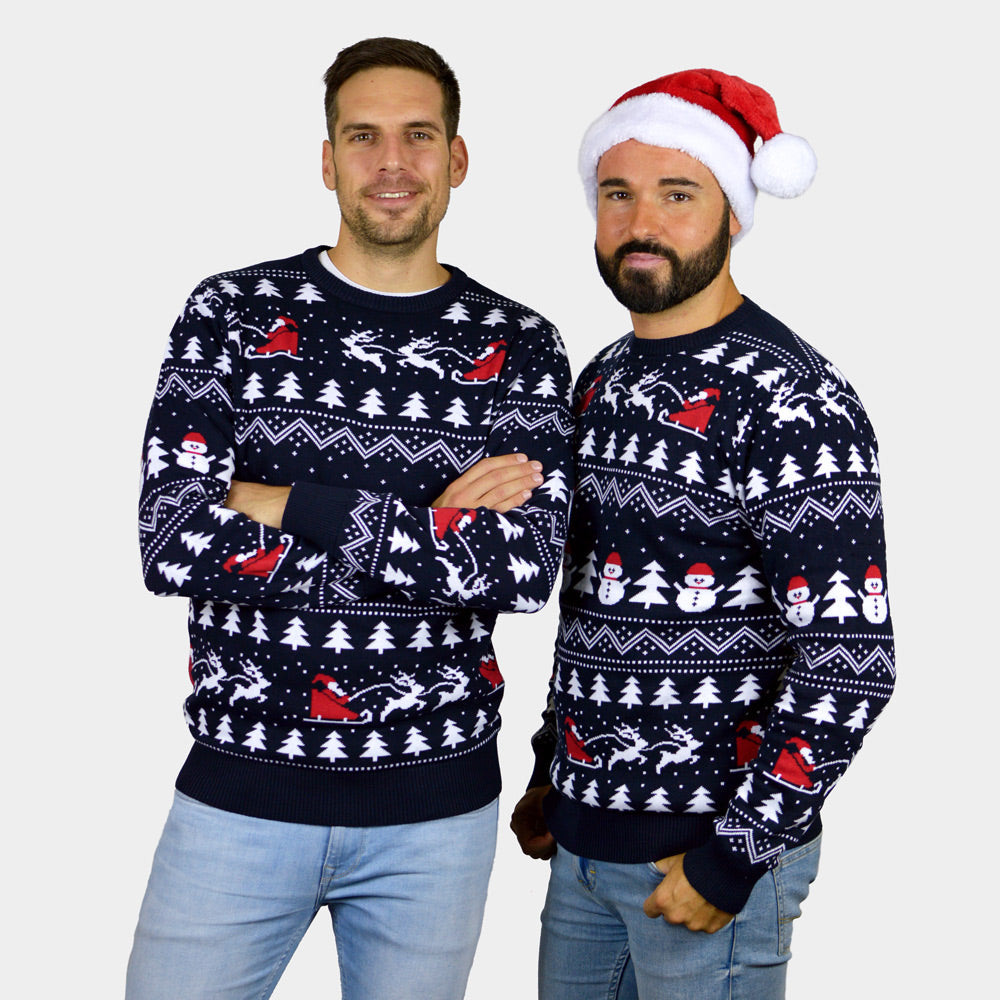 Mens Organic Cotton Couple's Christmas Jumper with Trees, Snowmen and Santa