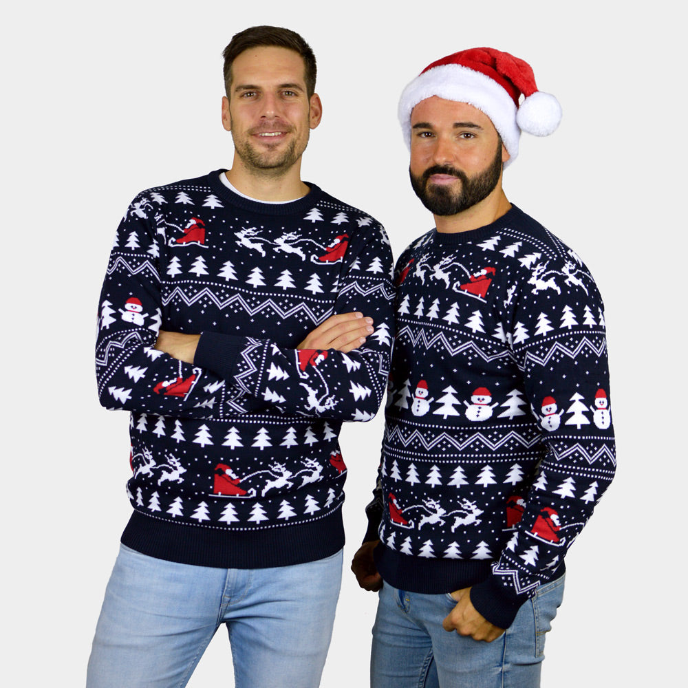 Mens Organic Cotton Couple's Christmas Jumper with Trees, Snowmen and Santa