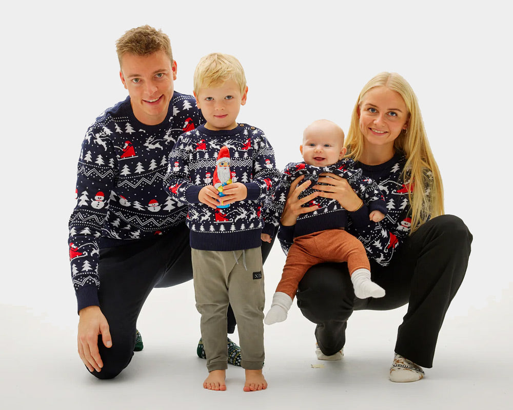 Organic Cotton Family Christmas Jumper with Trees, Snowmen and Santa