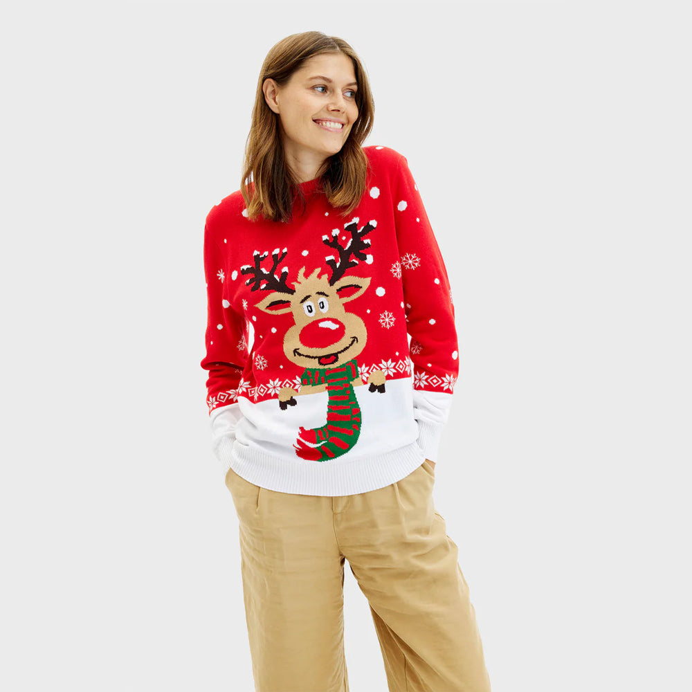 Organic Cotton Womens Christmas Jumper Reindeer with Scarf
