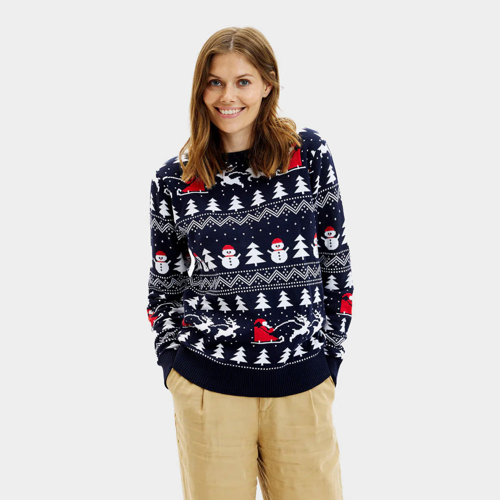 Organic Cotton Womens Christmas Jumper Trees, Snowmen and Santa
