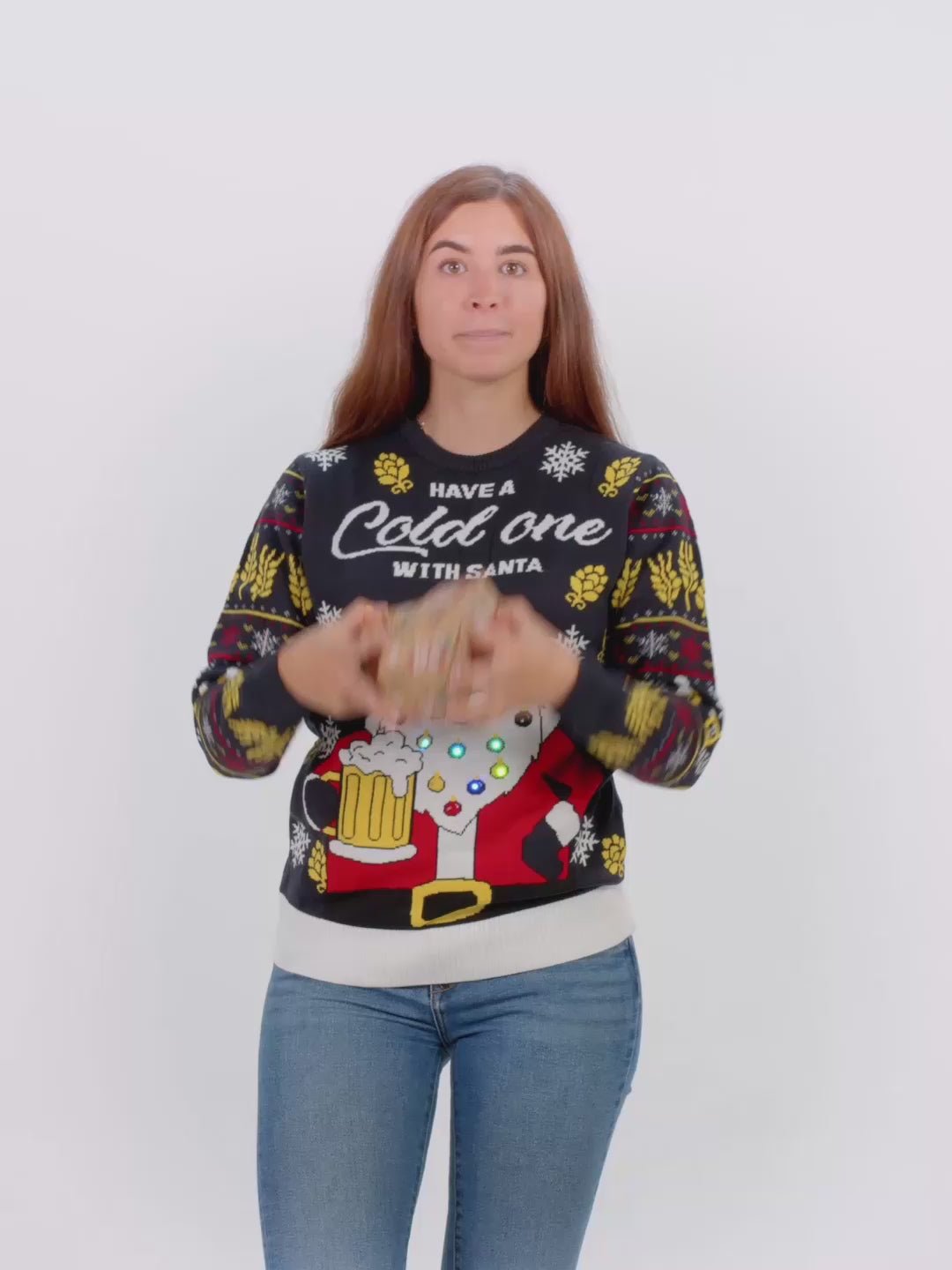 Womens Mens LED Light-Up Christmas Jumper – Santa with Beer