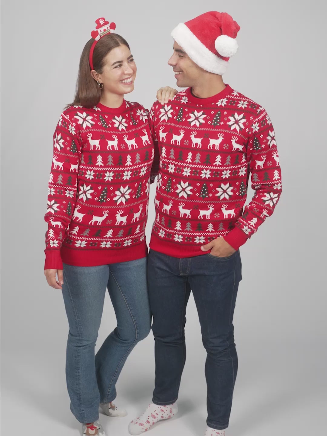 Red Womens and Mens Christmas Jumper with Reindeers, Trees and Polar Star