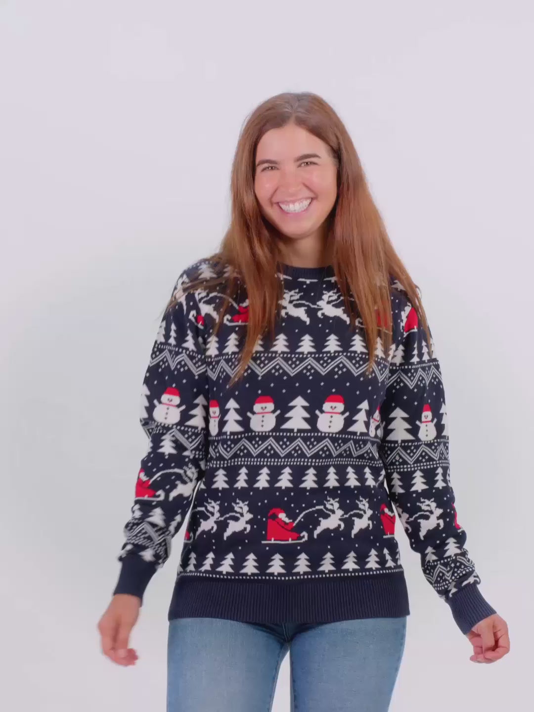 Mens Womens Blue Organic Cotton Christmas Jumper with Trees, Snowmen and Santa