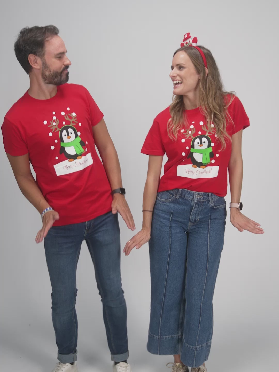 Red Mens and Womens Christmas T-Shirt with Penguin