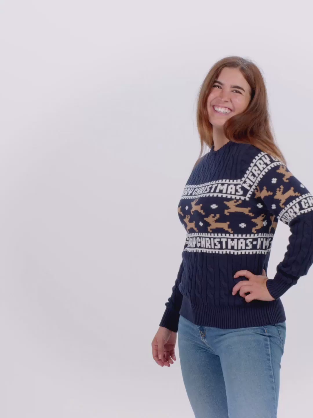 Womens Mens Classy Blue Organic Cotton Christmas Jumper with Reindeer
