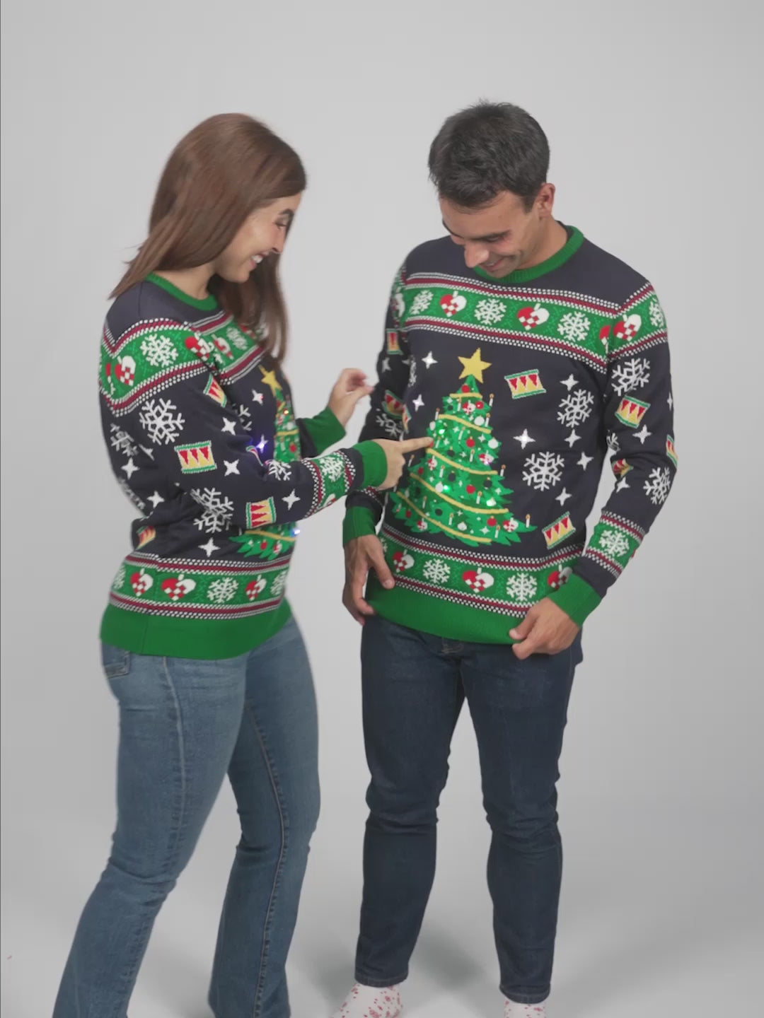 Blue LED light-up Womens and Mens Christmas Jumper with Christmas Tree