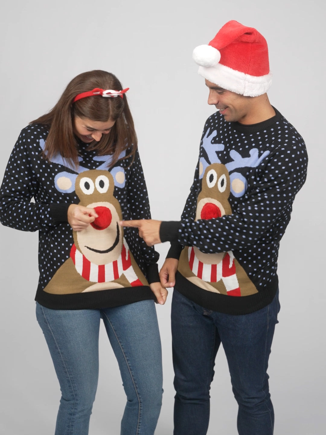 Blue 3D Womens and Mens Christmas Jumper Reindeer with Red Nosed